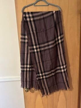 Burberry Purple Plaid Gauze Scarf with Beige and Black Stripes